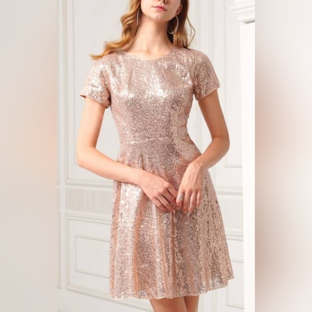 XL NWOT Grace Karin Rose Gold full sequin dress round neckline